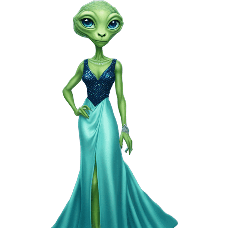 reptilian green alien woman, in long slim pastel blue formal party satin dress with gradient shiny sparkling navy blue diamonds embroidered, full body full figure emoji