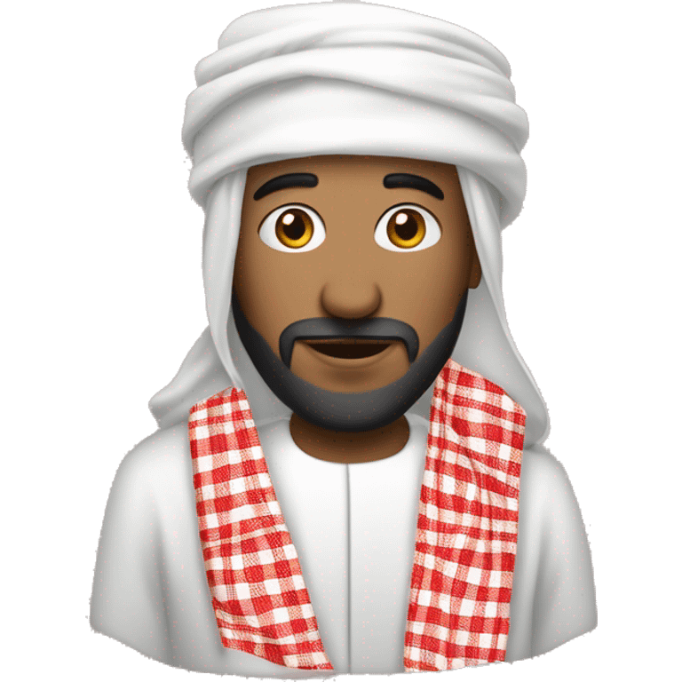  Wearing a traditional thobe (long white garment) and a red-and-white checkered keffiyeh (headscarf), short beard. emoji