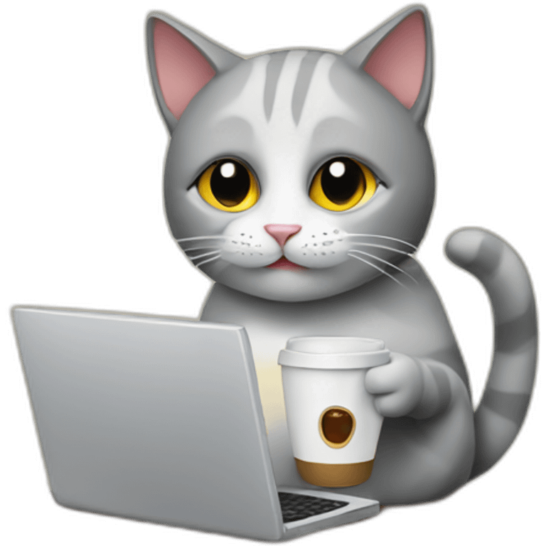 cat working on a computer holding a coffee cup emoji