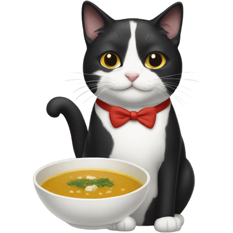 Tuxedo cat with soup emoji