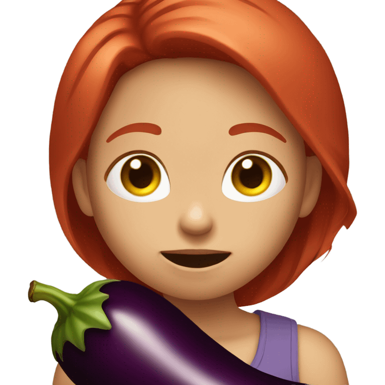 Red haired girl holding eggplant near mouth emoji