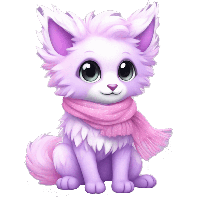 Edgy Kawaii cute gorgeous colorful sparkly bright light pastel lilac-pink-white-gradient fantasy ethereal fluffy fursona animal creature with a cute scarf full body emoji