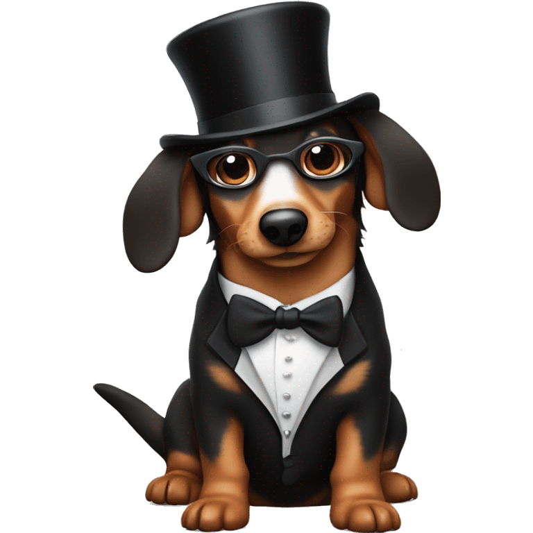 Jerry garcia with a daschund. The daschund is dressed in a tuxedo with a tophat emoji