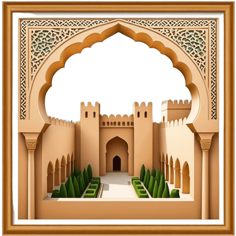 Realistic Alhambra de Granada Landmark Emoji, showcasing the Moorish palace’s intricate arches, geometric patterns, and historic fortress walls. emoji