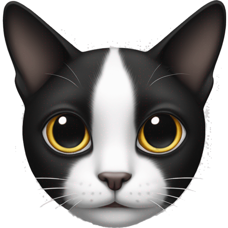 Black and white cat with a black spot on right eye and black left and right ear emoji