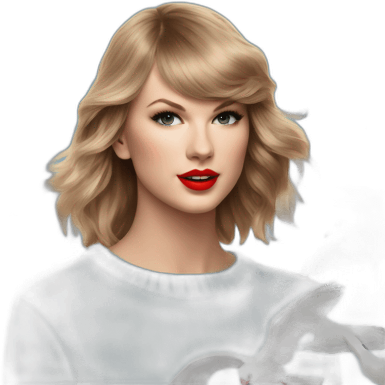 taylor swift in light blue crewneck sweater red lipstick seagulls in the background emoji