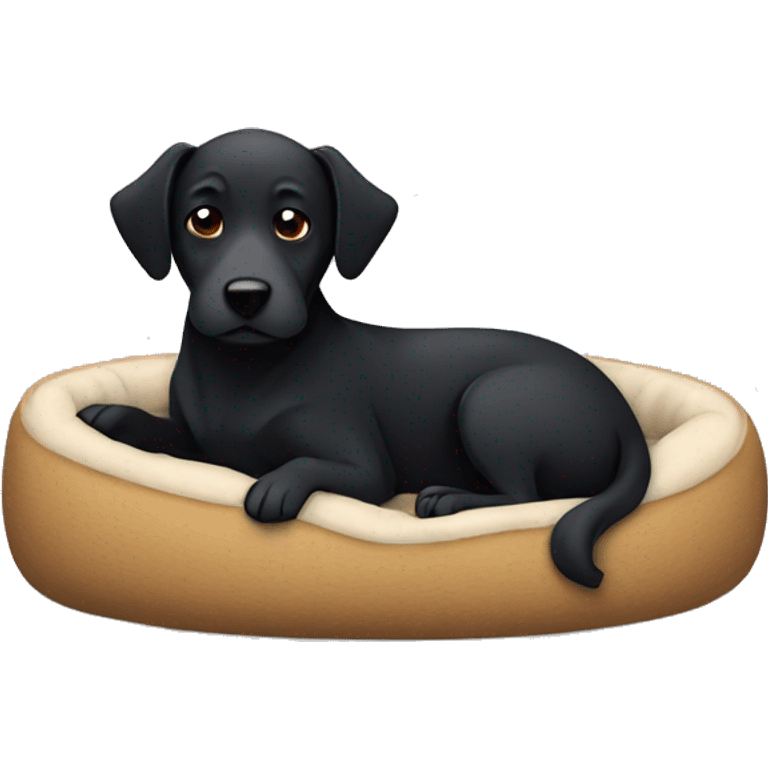 Black dog cuddling up in a dog bed emoji