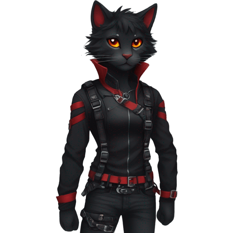 Anthro Edgy Cool Beautiful Black Cat-Fursona with Emo Hair-bangs with Red Streaks Chest Harness emoji