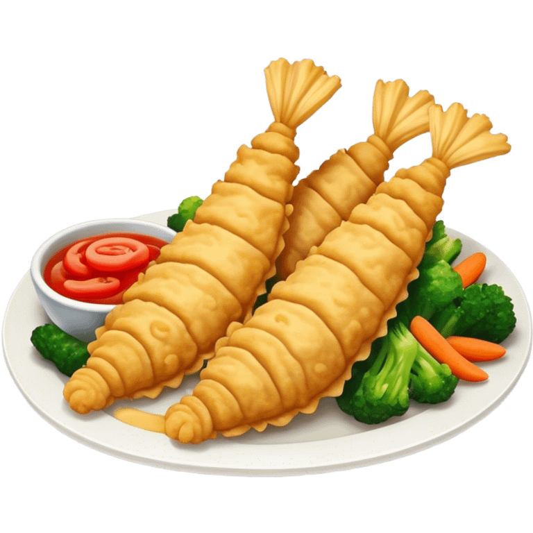 Tempura Cinematic Realistic Tempura Dish Emoji, depicted as extra crispy, lightly battered seafood and vegetables, rendered with vivid textures and dynamic, bright lighting. emoji