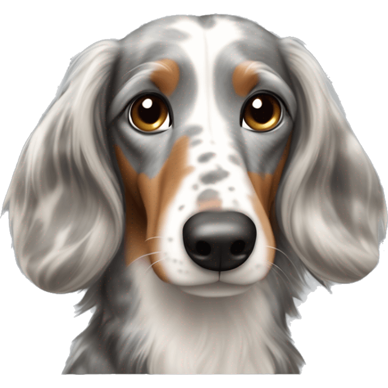 Gray, white, and brown merle long-haired dachshund emoji