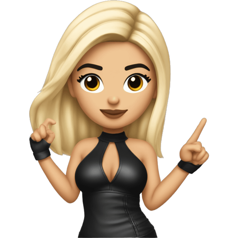 Emoji of Kylie Jenner with blonde hair in a black lether outfit with bra inside confidently pointing forward with a stylish, influencer vibe pointing forward with finger emoji