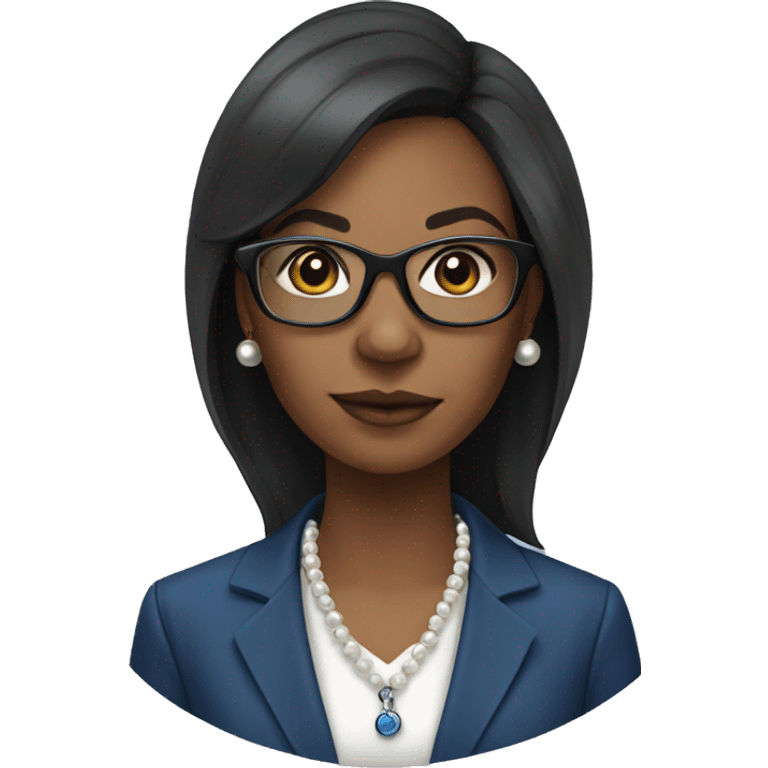 black woman ceo, black glasses, straight hair, blue blazer, pearl necklace scientist  emoji