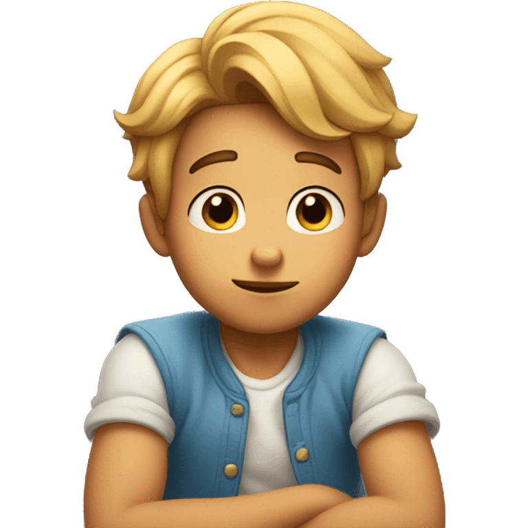 Disney boy sitting, with his hand on his chin  looking up with doubt emoji