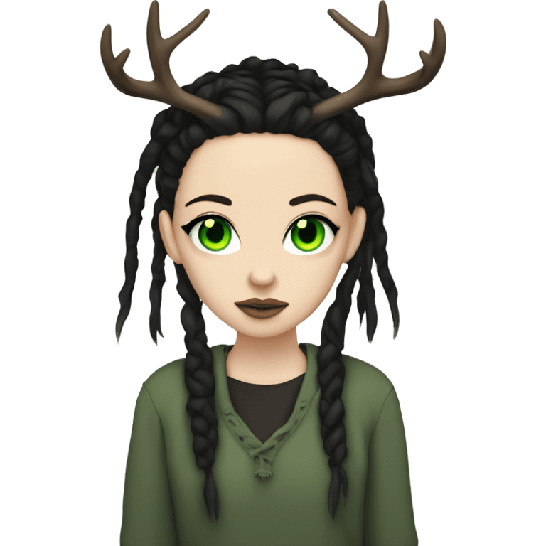 Girl with pale skin, green eyes, black dread-locks, eyeliner, deer antlers, grunge emoji