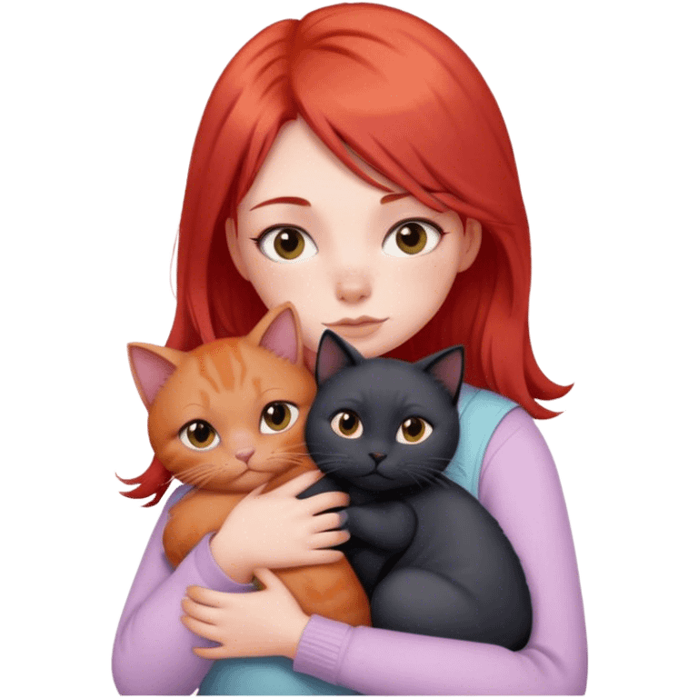 
a girl with red hair in pastel clothes hugs a black British cat emoji