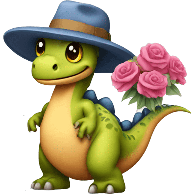 Dinosaur Pimpus with hat and flowers in hand emoji