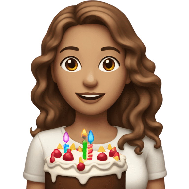 White woman, long hair, brown hair, wavy hair, holding birthday cake emoji