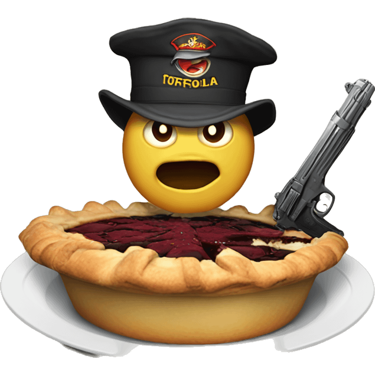 a pie with an angry face, holding two guns, a text saying "TORTAFROLA MANDA" emoji