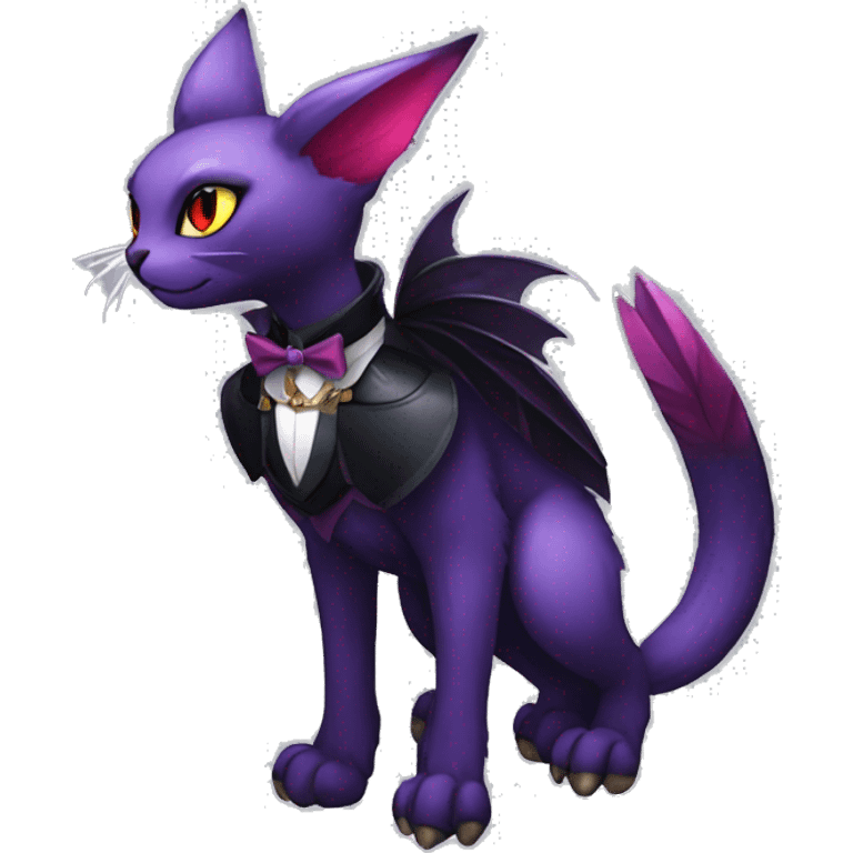 cool cartoon kawaii black purple red ethereal fantasy beautiful elegant nargacuga-Noivern-cat-Fakemon collar harness bow tie and bracers full body emoji