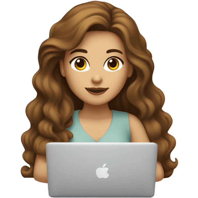 a woman with brown long wavy hair and brown eyes and white skin with macbook emoji