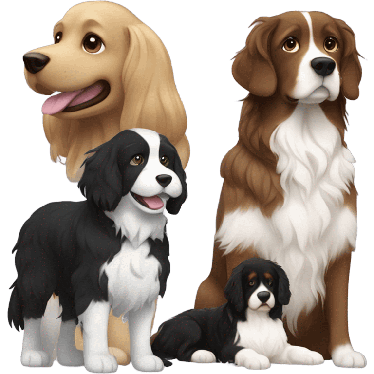 Girl with brown hair and green brown eyes next to a black golden retriever and épagneul breton black and White  emoji