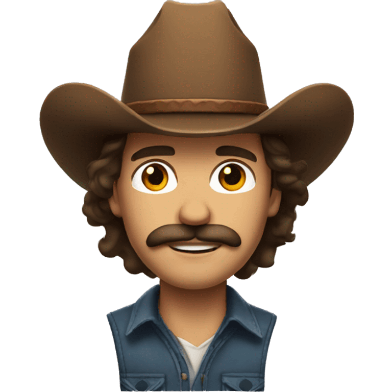 Man with long wavy brown hair, brown eyes, moustache and Cowboy hat emoji