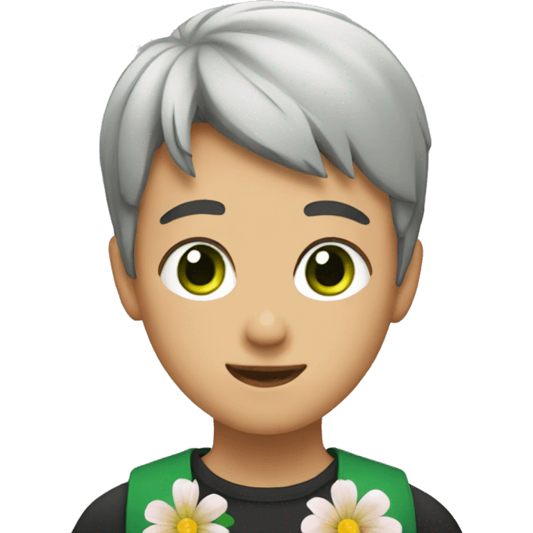 Boy with a green eyes and dark short hair stay with a flowers emoji