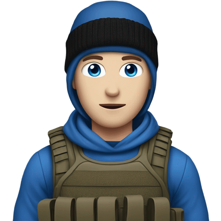 male, pale skin, face mask, camo tactical gear, combat boots, black beanie, blue eyes emoji