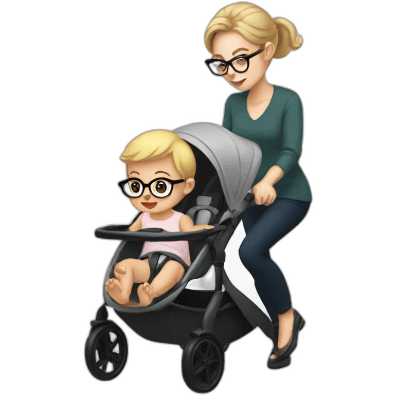 White women with brown hair and glasses pushing buggy with blonde baby emoji