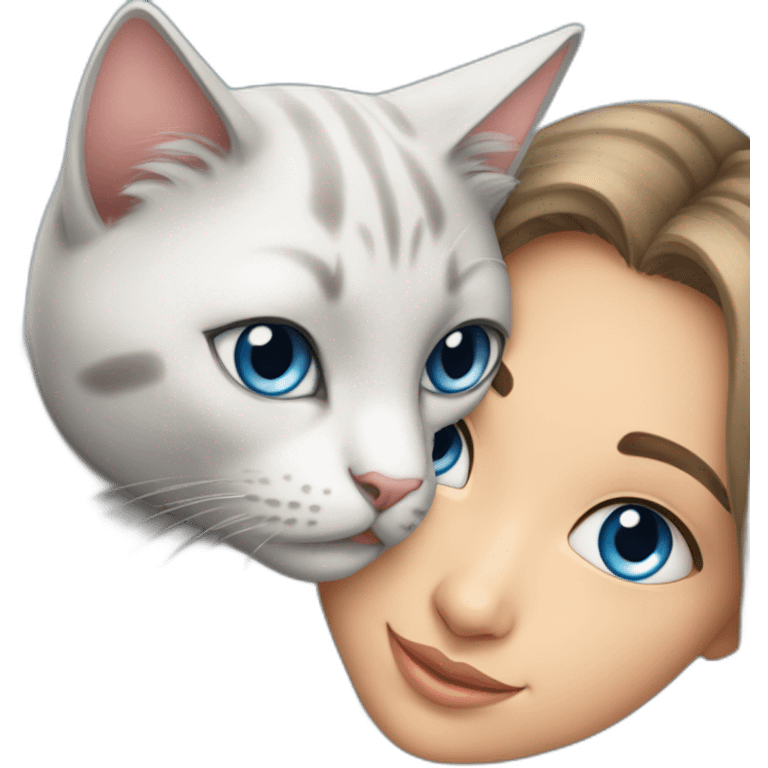 light gray, blue eyed cat cuddles turkish girl emoji