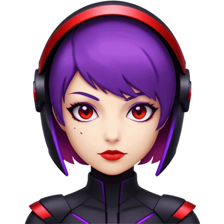 A futuristic assassin with a sleek black suit, short purple hair, and glowing red visor emoji