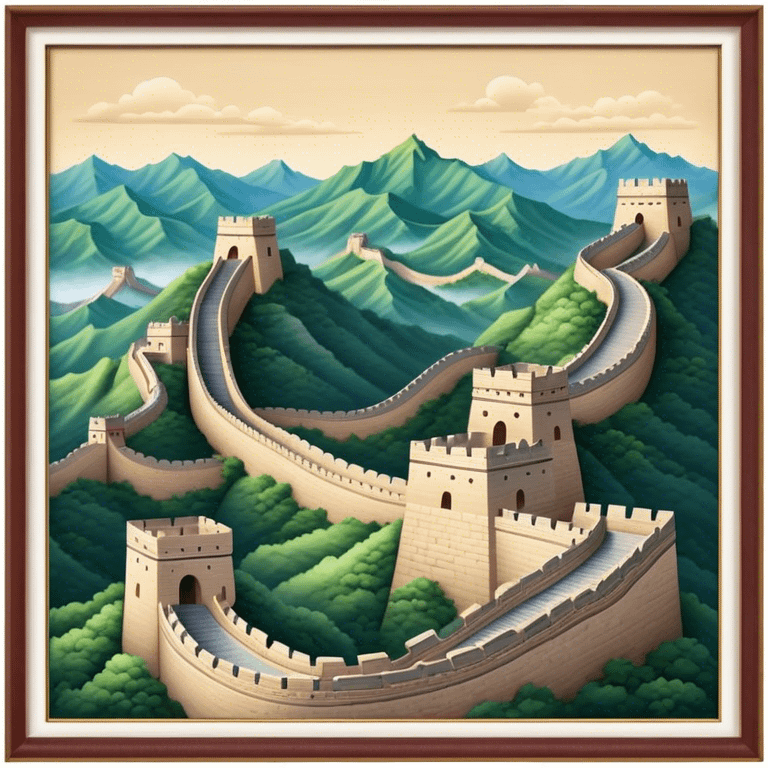 Cinematic Realistic Great Wall of China Landmark Emoji, depicted as ancient fortifications winding across majestic mountains, rendered with intricate detail and dramatic lighting. emoji