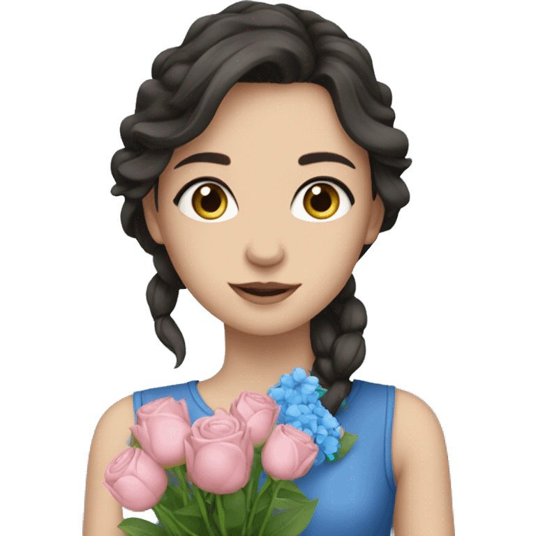 European Girl with dark hair and blue eyes with bouquet  emoji