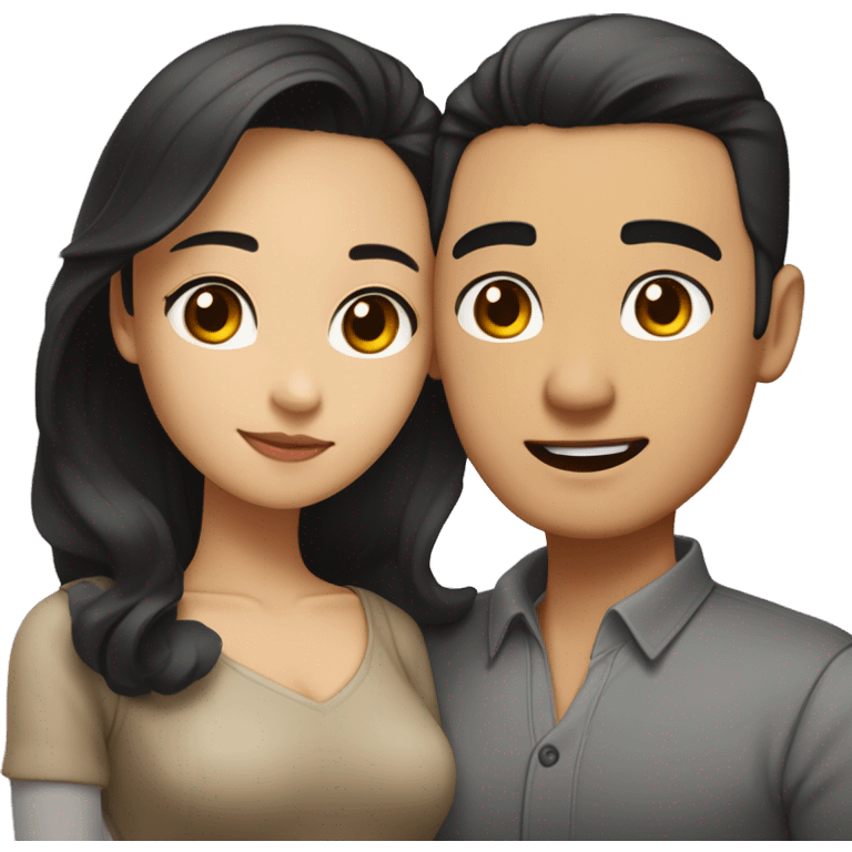 A half pale Asian man with short slicked back dark hair and amber eyes embracing and loving a half Asian woman with long wavy dark hair and dark hazel eyes. They love each other a lot And have good fashion taste. emoji