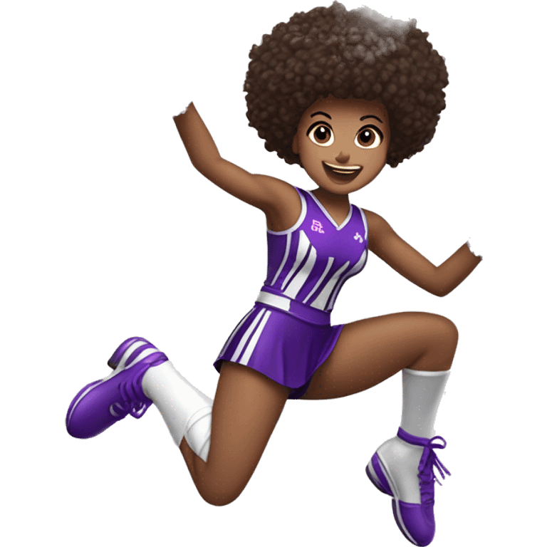 Caucasian cheerleader with dark brown curly hair, jumping and holding up two purple Pom poms, small full body emoji emoji