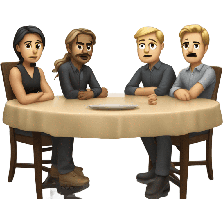 6 Caucasian people sitting around a table looking unhappy emoji