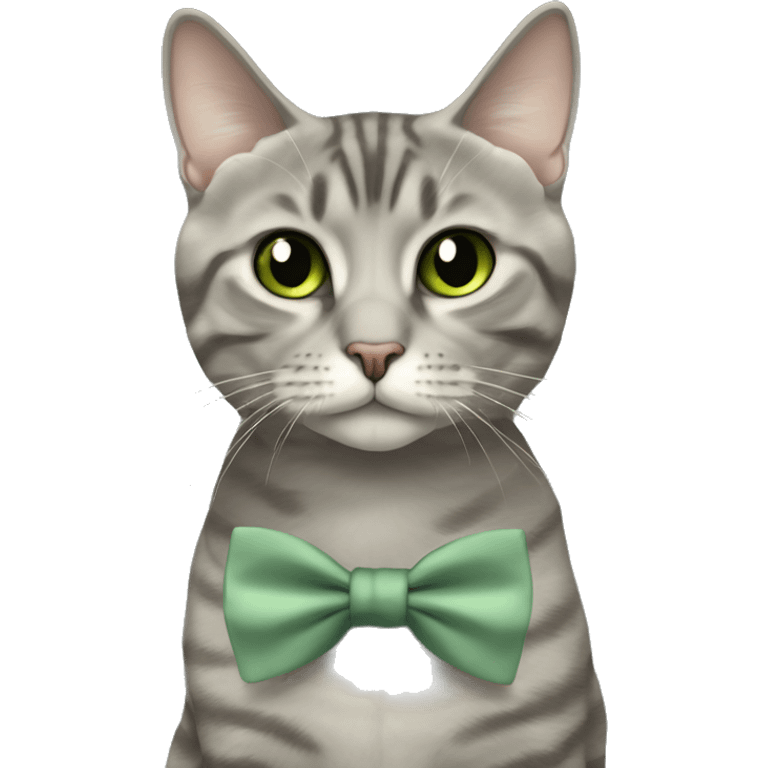 Aesthetic round-faced grey tabby British short hair full body cat with sage green bow tie emoji