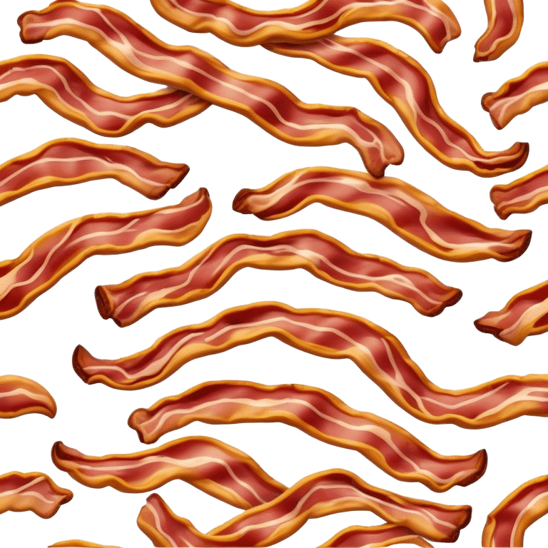 Cinematic crispy sizzling bacon, slightly curled, golden-brown with a perfect crunch, glistening with rich flavor, deep warm tones, served on a breakfast plate, comforting and indulgent. emoji