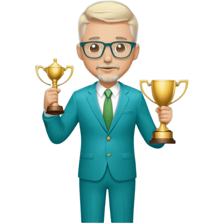 Full Body large white male  wearing glasses with a goatee with light blonde gray very short hair basketball head Coach in blue and green suit holding trophy emoji