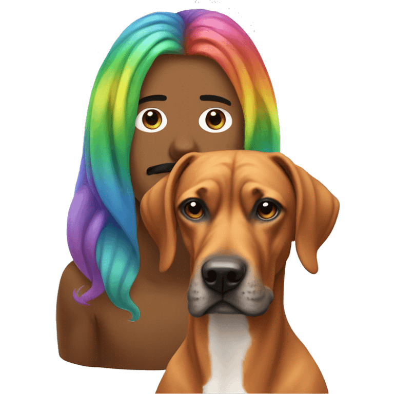 white man with long rainbow colored hair and twisted mustache next to a brown rhodesian ridgeback emoji