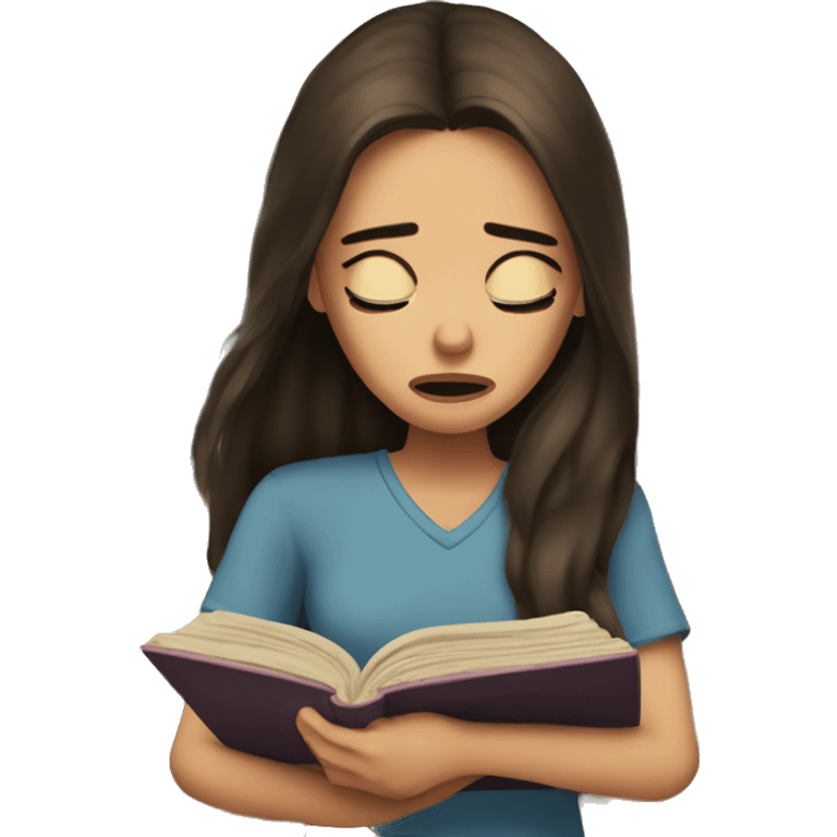 brunette long hair woman crying tears down face while holding and reading book emoji