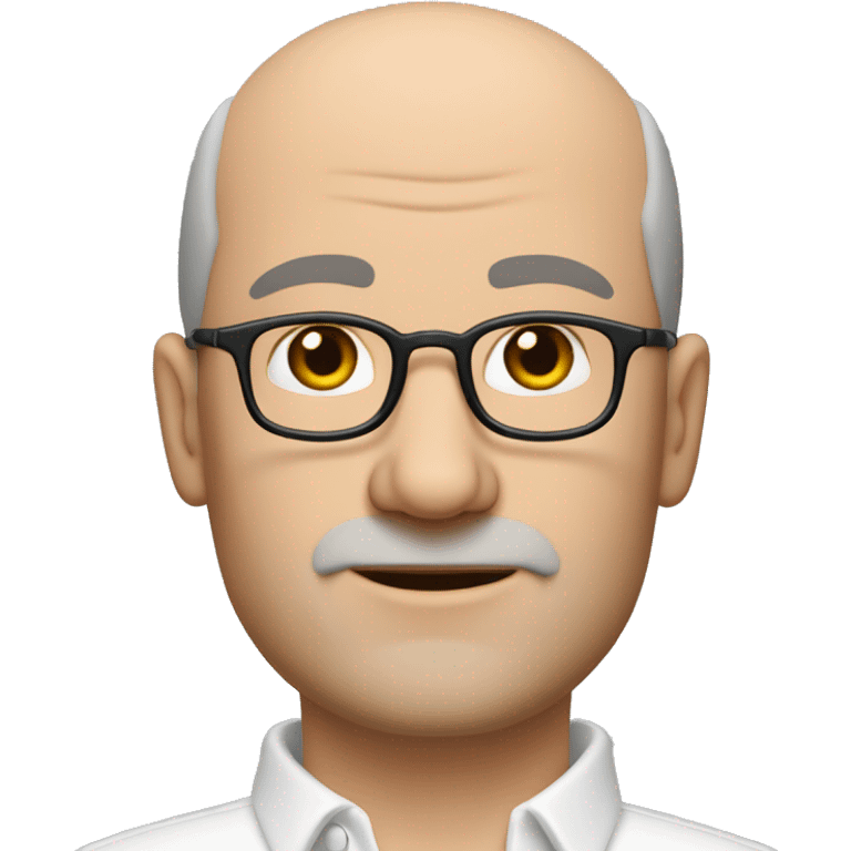 white 45-year-old man, slightly round face. very short hairs, almost shaved, a small central crest. hairline is slightly receding, sparse hair around the temples. brown eyes unshaven, small stubble beard. Wears round shaped glasses. A white collar shirt   emoji