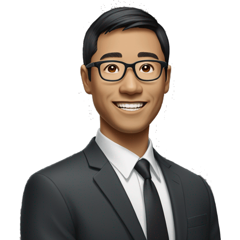 asian man black medium length bang hair smiling wearing a suit without a shirt with prescription glasses on emoji