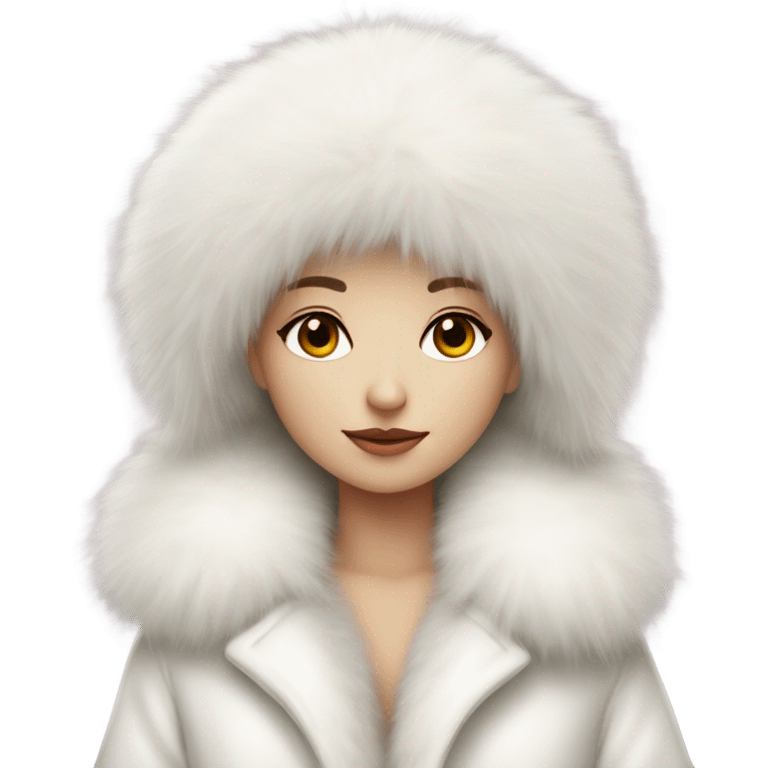 a girl with a white big fluffy fur hat and white fur coat, aestheticism, a character portrait emoji