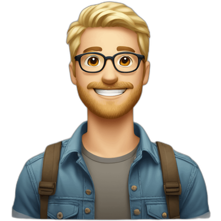 Handsome young man 25 years old short blond hair nice round glasses cool beard Light moustache funny big smile dimple on the side emoji