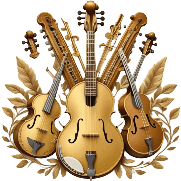 Create a grand, heraldic-style emoji collage representing plucked string instruments. The design should resemble a majestic emblem, featuring a collection of iconic instruments such as a banjo, mandolin, domra, sitar, and other plucked string instruments. Arrange the instruments symmetrically, with their necks and strings intertwining gracefully like a coat of arms. A flowing ribbon of musical notes should elegantly weave through the instruments, creating a sense of harmony and movement. The emblem should have a luxurious, golden and bronze color palette with intricate decorative elements, adding depth and a professional touch. Subtle lighting effects should highlight the polished wood and metal strings of the instruments. The background should be transparent, making the design adaptable for various uses emoji