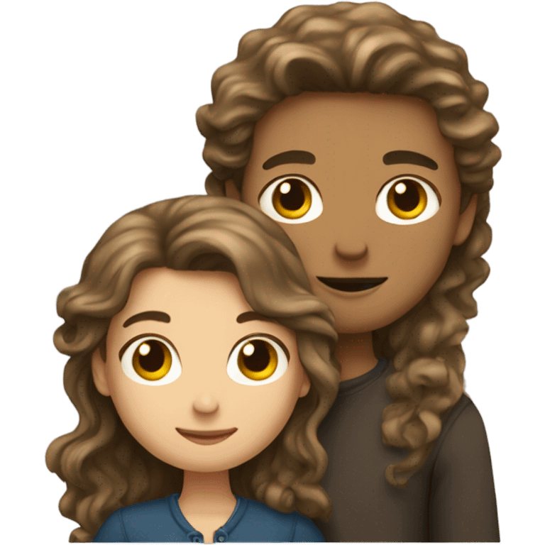 Brunette girl hugging a boy with long curly dark-blond hair emoji