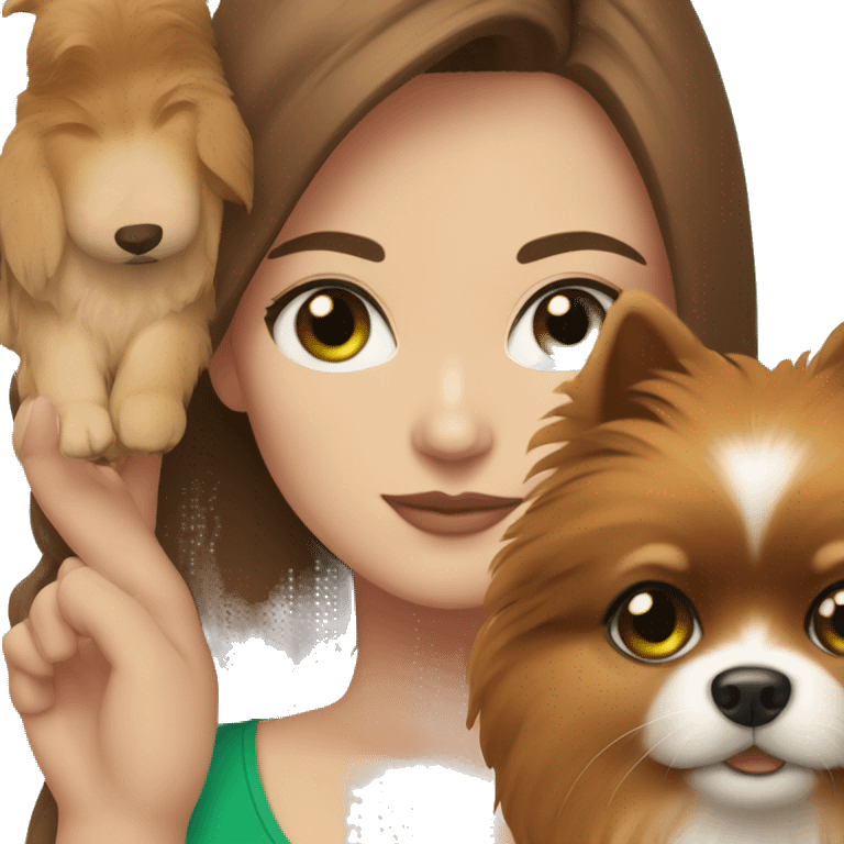 Woman with green eyes, white skin, brown hair and a Pomeranian puppy emoji