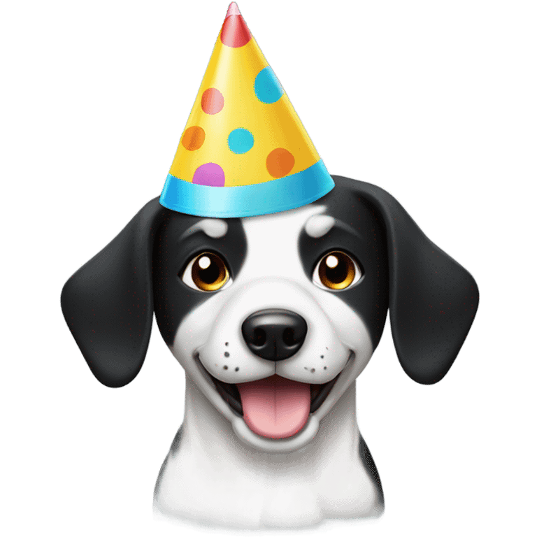 White and black dog wearing a birthday hat emoji