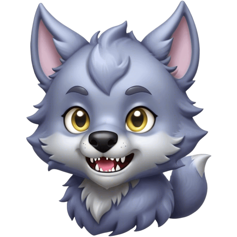 Cinematic Cute Werewolf Portrait Emoji, with a cuddly, miniature lupine form in soft moonlit grays and silvers, featuring oversized sparkling eyes and a sweet, endearing snarl, simplified yet irresistibly adorable, highly detailed with a gentle glowing outline that captures the playful, heartwarming essence of a little werewolf! emoji